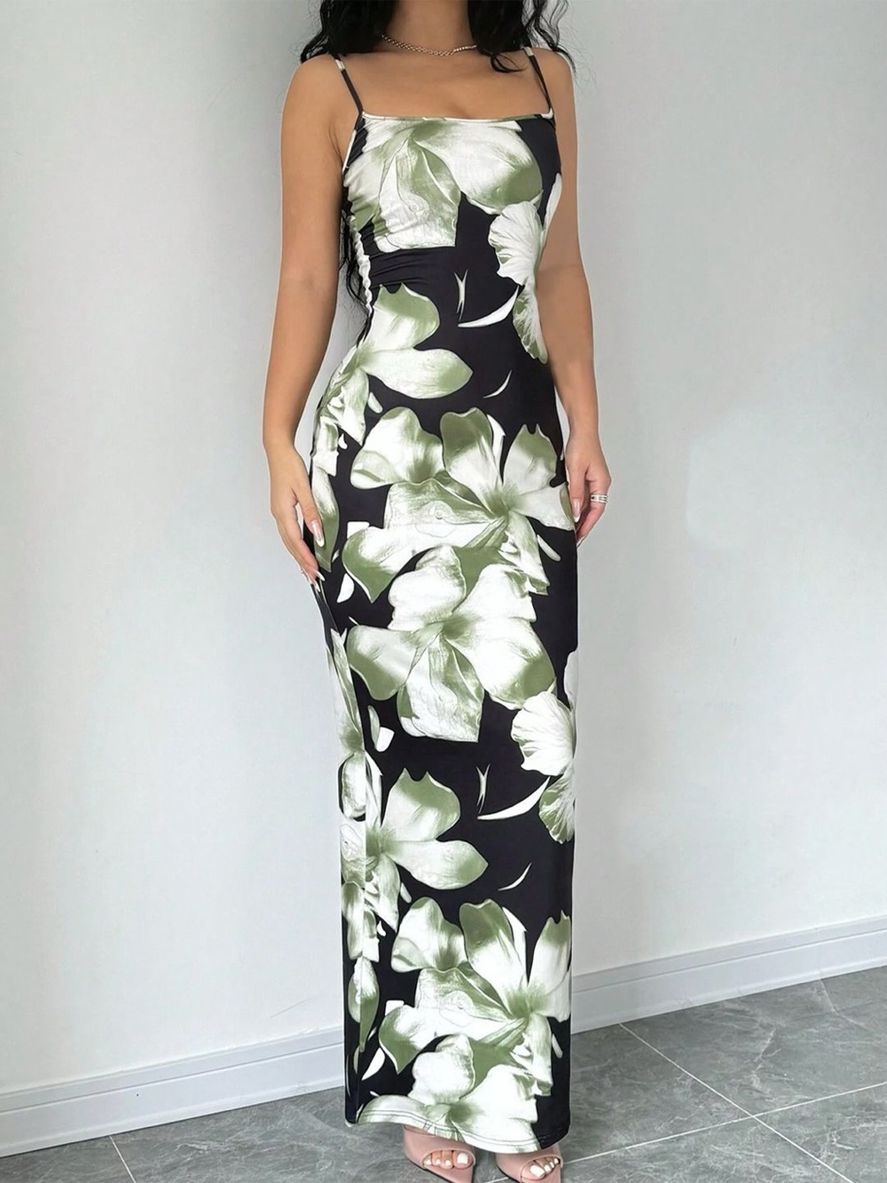 Black & Green Floral Maxi Dress with Spaghetti Straps
